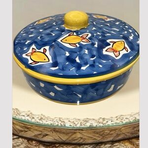 Hard to find- Hand-Painted Ceramic Fish Lidded bowl- Blue+Yellow Made in Portug…